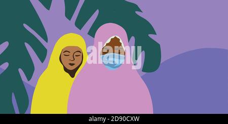 Two Muslim girls wearing mask and head covering. Vector illustration. Stock Vector