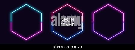 Neon hexagon Frame. Set of hexagonal neon Border in 2 outline parts. Geometric shape with copy space, futuristic glowing element for social media stor Stock Vector