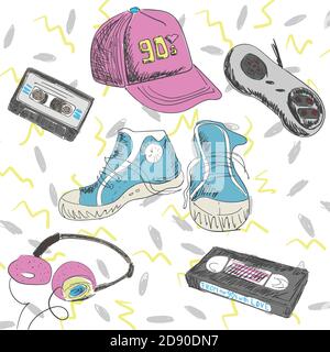 Vector illustration - elements of the 90s. Cassettes, sneakers, joystick, cap, headphones. Back to the 90th. From the 90s with love, memphis style Stock Vector