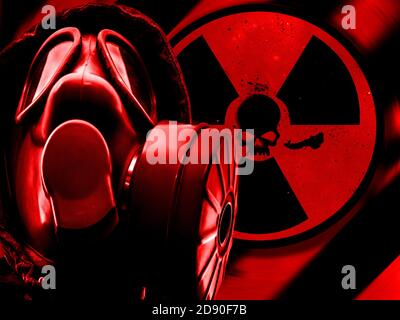 Radioactive sign with Skull and Gas mask in red Stock Photo