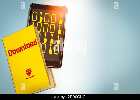Top View of Paper Book and E-Reader Isolated on Abstract Background Stock Photo