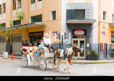 Tourists sightseeing Merida on a horse carriage during the Covid19 Pandemic in a mostly empty city center, Merida Mexico