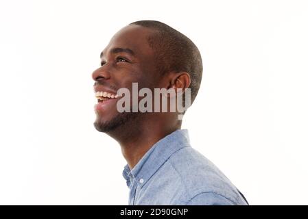 Close up side portrait of laughing african american man looking up Stock Photo