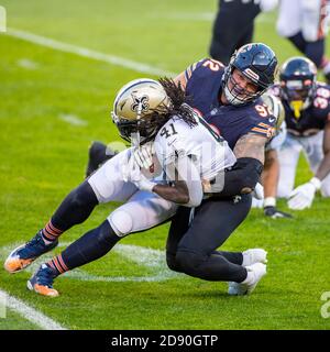 November 01, 2020: Chicago, Illinois, U.S. - Bears #11 Darnell Mooney is  tackled by Saints #20 Janoris Jenkins during the NFL Game between the New  Orleans Saints and Chicago Bears at Soldier