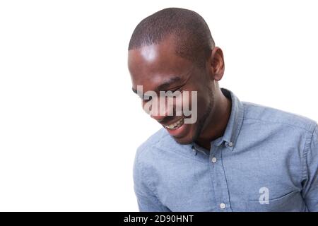 Close up portrait of happy young businessman laughing against isolated white background Stock Photo