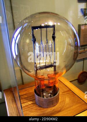 Historic reproduction of a Thomas alva Edison light bulb on display in his boyhood town museum at Port Huron Michigan Stock Photo