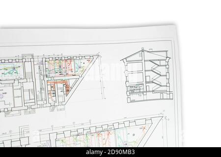 Architectural design, drawings, drawings are lying on the table. Construction Fund, engineering tools. top view Stock Photo