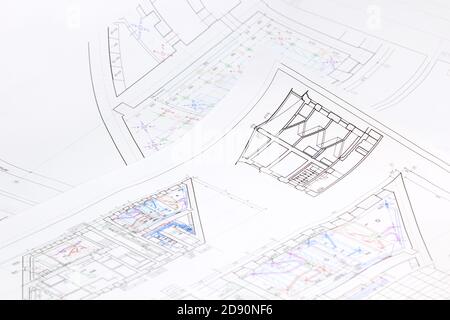 Architectural design, drawings, drawings are lying on the table. Construction Fund, engineering tools. top view Stock Photo