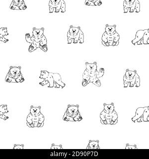 Seamless repeat pattern of hand drawn cute fluffy black white bear that walks and sits, waves the paw in different poses Stock Vector