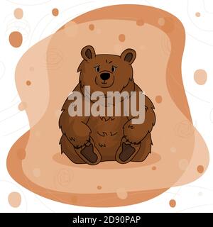 Hand drawn cute bear grizzly that sits and holds his paws on brown pink background Stock Vector