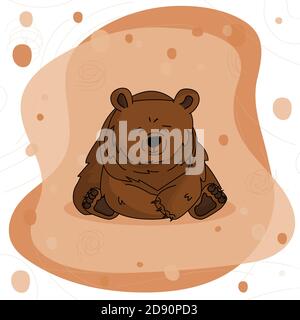Hand drawn cute unhappy bear grizzly that sits and thinks about many problems on brown pink background Stock Vector