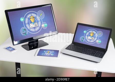 Medical service concept shown on different information technology devices Stock Photo