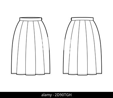 Skirt box pleat technical fashion illustration with below-the-knee ...