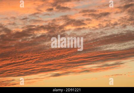 Dramatic UK autumn sunset sky with tones of orange and pink in scattered clouds. Stock Photo