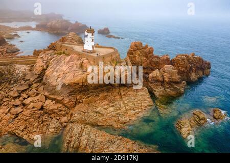 Aerial view of Brehat island in Bretagne, the Paon point and lighthouse, France