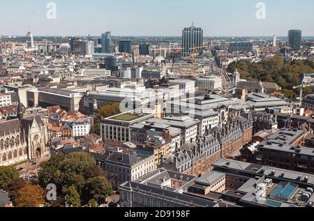 BRUSSELS, BELGIUM - May 14, 2019: Roofs and streets of Brussels. Aerial view of Brussels City. Brussels is the capital of Belgium Stock Photo