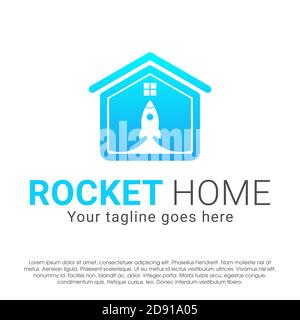 Rocket home negative space vector logo concept design template isolated on white background. Rocket home vector logo Illustration in inside a home Stock Vector
