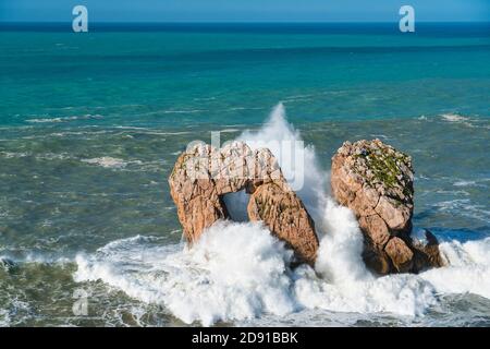 Swell in the Cantabrian Sea. Big waves in the so-called 'Puerta del Cantabrico' on the cliffs of Liencres. Municipality of Piélagos in the Autonomous Stock Photo