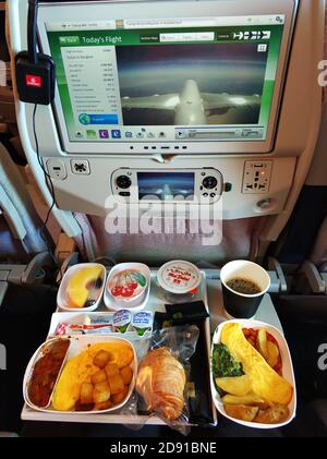 A set of food for a passenger on an Emirates airline flight. Stock Photo