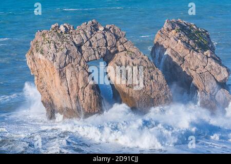 Swell in the Cantabrian Sea. Big waves in the so-called 'Puerta del Cantabrico' on the cliffs of Liencres. Municipality of Piélagos in the Autonomous Stock Photo