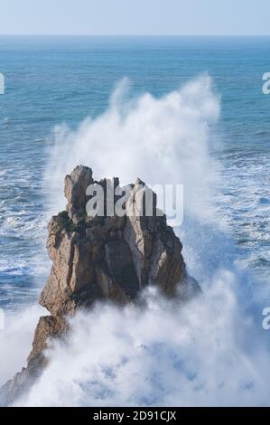 Swell in the Cantabrian Sea. Big waves in the so-called 'Puerta del Cantabrico' on the cliffs of Liencres. Municipality of Piélagos in the Autonomous Stock Photo