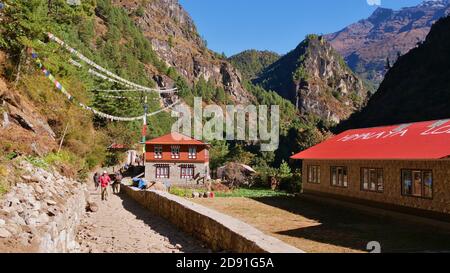 Traffic on Mount Everest Base Camp Trek in Dudhkoshi valley near Manjo, Nepal with trekkers, stone buildings and colorful Buddhist praying flags. Stock Photo