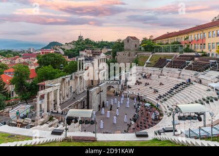 Ancient Theater of Philippopolis plovdiv bulgaria rehersals at sunset Stock Photo