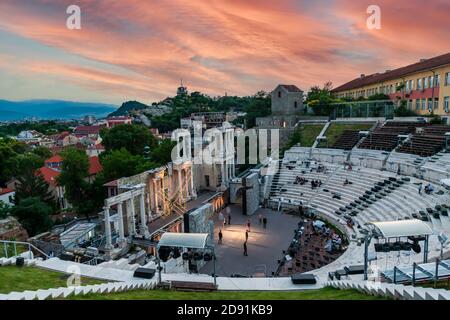 Ancient Theater of Philippopolis plovdiv bulgaria rehersals at sunset Stock Photo