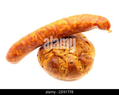 Bratwurst with wholemeal bread isolated on white background Stock Photo