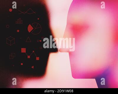 Modern textured digital illustration of abstract human heads and personal data infographics. Concept of collecting internet activities information. Stock Photo