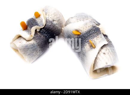 Rollmops bismarck herring isolated on white background Stock Photo