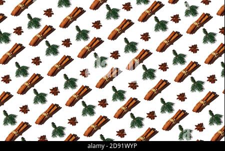 Cinnamon sticks, spruce branch and star anise on a white background. Seamless pattern - pattern Stock Photo