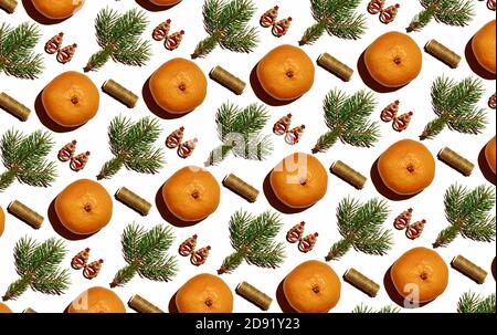 Christmas pattern from tangerine, spruce branch, carnival glasses Stock Photo