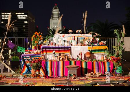 Los Angeles, California/USA - November 1 2020:  Day of the Dead altar in Grand Park at Night Stock Photo
