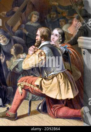 Myles Standish (c. 1584-1656) with his wife, Rose. Detail from a painting entitled Embarkation of the Pilgrims, engraving by Samuel Bellin from an original work by Robert W. Weir, 1844. Standish was an English military officer hired by the Pilgrims as military adviser for Plymouth Colony. He accompanied them on the Mayflower journey and played a leading role in the administration and defense of Plymouth Colony from its inception. Stock Photo