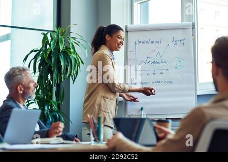 Startup team having a meeting. Young cheerful mixed race woman giving a presentation, discussing business strategy with colleagues while working Stock Photo