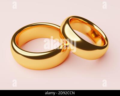 Two wedding gold rings lie next to each other. Love concept. 3d rendering Stock Photo