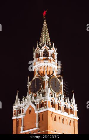 Spasskaya tower of Kremlin in red square, night view. Moscow, Russia. Stock Photo