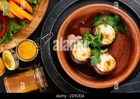 Tasty grilled vegetables on pan on dark background. Healthy food, summer food concept. Stock Photo