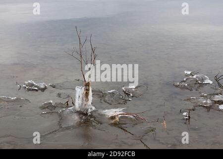 Lake beginning to freeze over in winter, prairie lake, Saskatchewan Canada Stock Photo