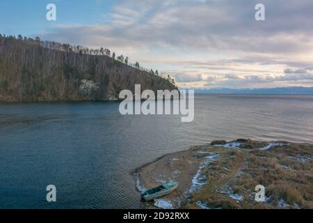 Baikal landscape Eastern Siberia Russia Sayan mountains in the fog on lake Baikal. Stock Photo