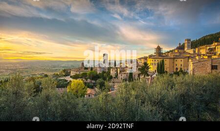 Assisi Town Panoramic View At Sunset. Perugia, Umbria, Italy, Europe 