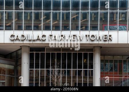 October 03 2018 : Toronto, Ontario, Canada : Entrance of famous Cadillac Fairview Tower, an office tower of 36 stairs in 20 Queen Street West in Toron Stock Photo