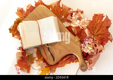 Open diary on wooden board and fall maple leaves Stock Photo