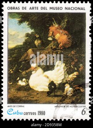 Saint Petersburg, Russia - September 18, 2020: Stamp printed in the Cuba the image of Poultry, Melchior de Hondecoeter, circa 1980 Stock Photo