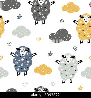 Sheep with night sky elements Scandinavian style seamless pattern vector illustration Stock Vector