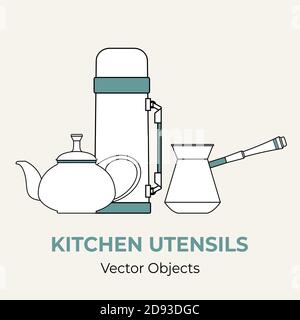 Beverage coffee tea set concept vector isolated. Tea pot thermos thermo bottle cezve simple form. Line illustration logo Stock Vector