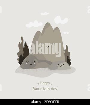 Funny cartoons character mountains with cute face and inscription Happy Mountain Day. Decorative holiday card for the international day of mountains. Stock Vector