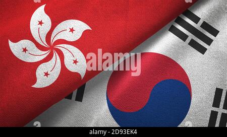 Hong Kong and South Korea two flags textile cloth, fabric texture Stock Photo
