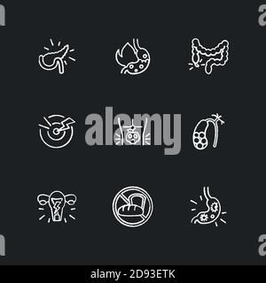 Pain in belly chalk white icons set on black background Stock Vector